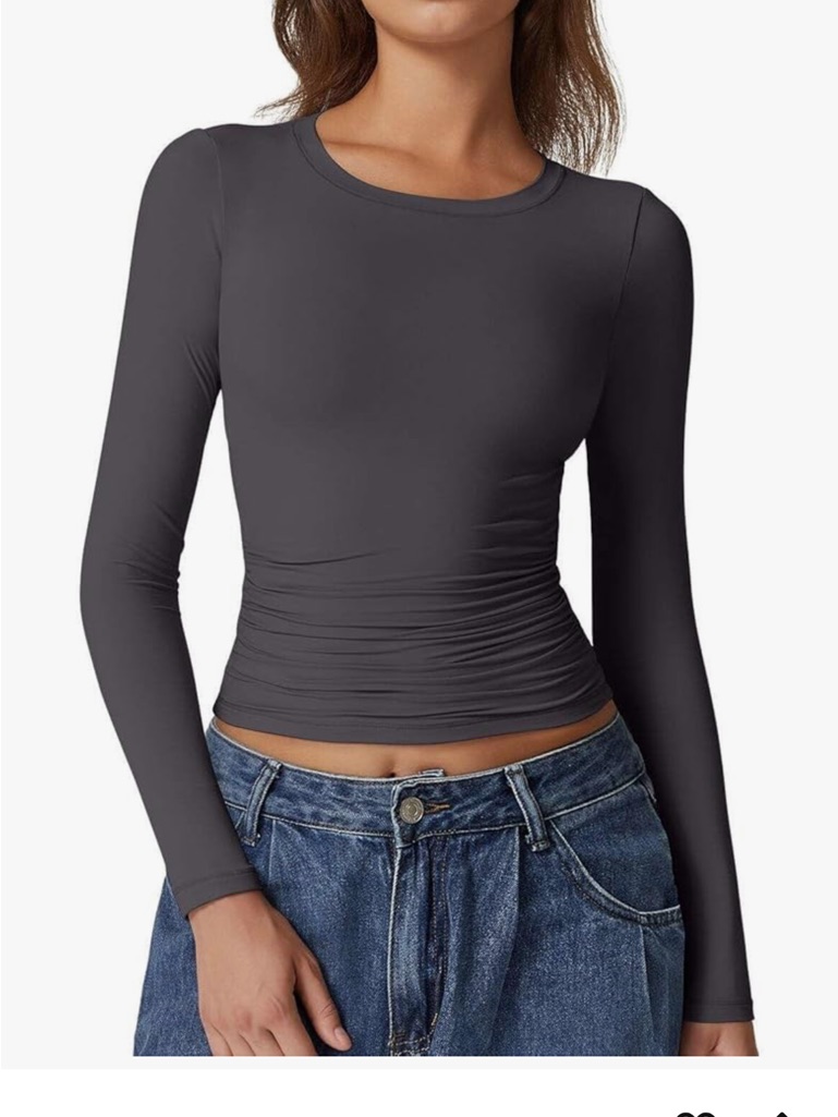 Slim Ruched Long Sleeve Crewneck Top - Charcoal